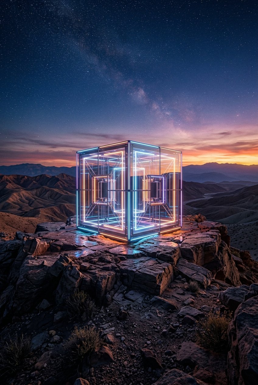 Surreal glowing geometric cube digital artwork in desert mountain landscape