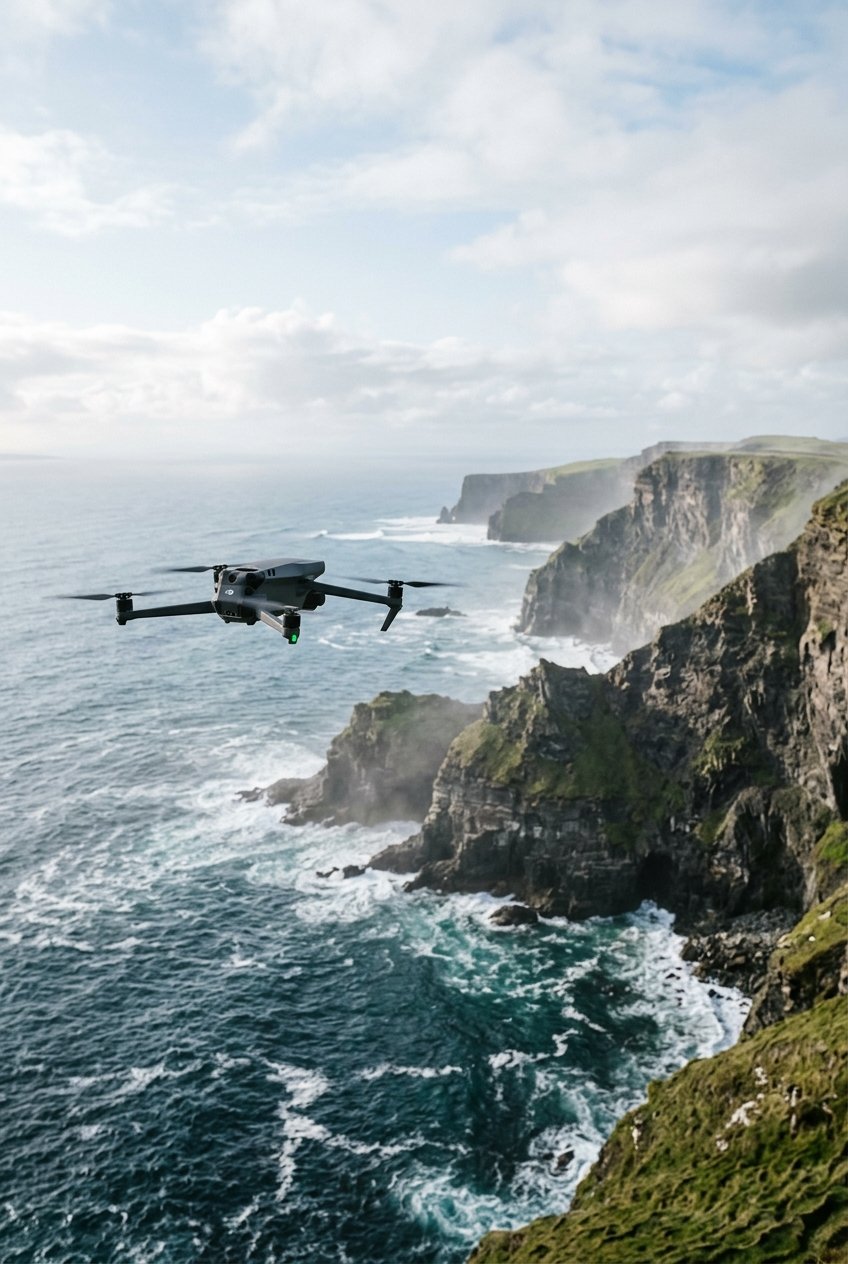 Professional camera drone soaring above dramatic coastal cliffs and ocean