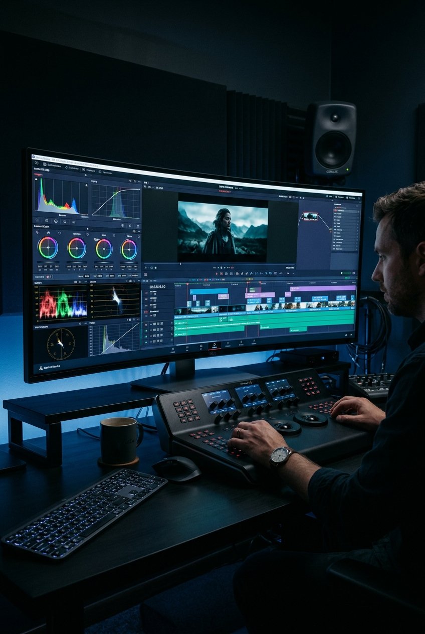Professional video editing workstation and color grading suite
