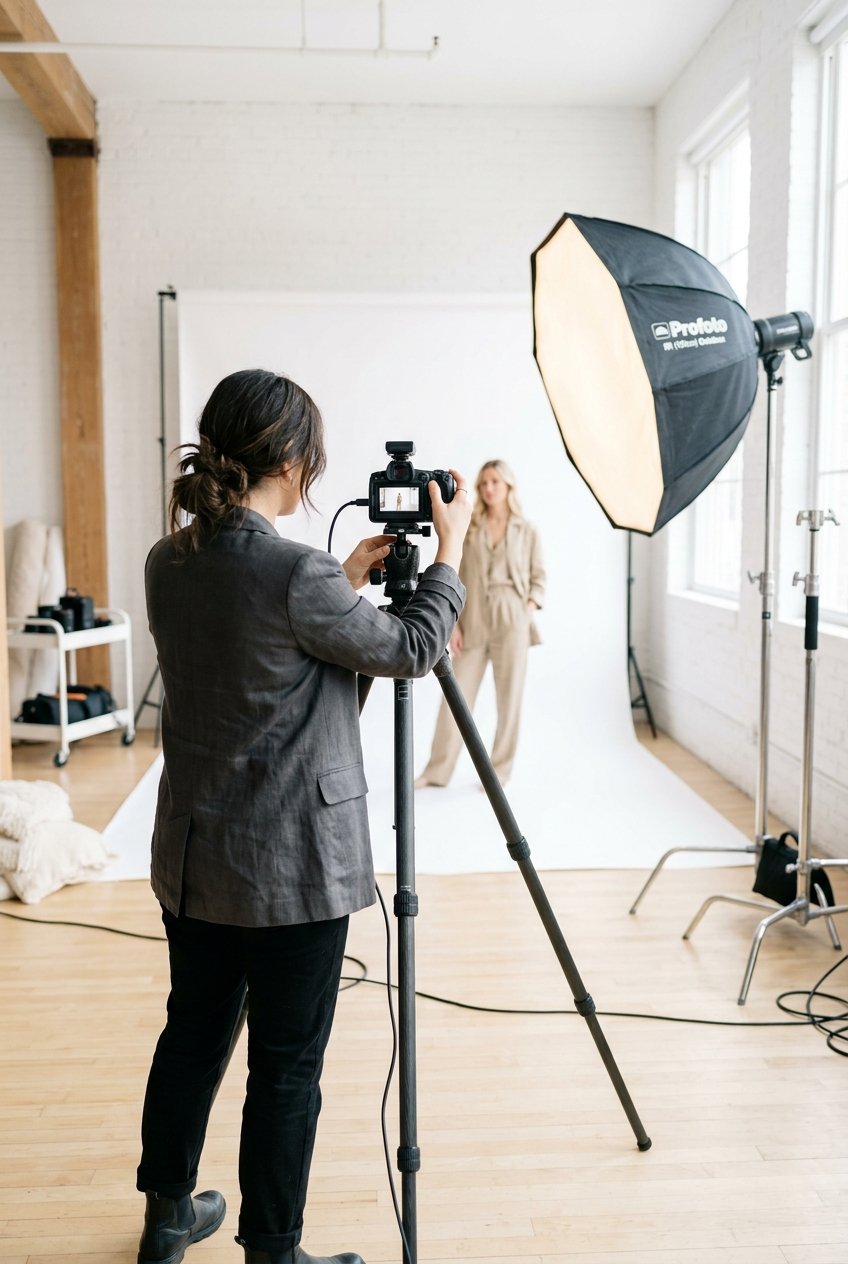 Editorial photographer behind camera in bright minimalist studio