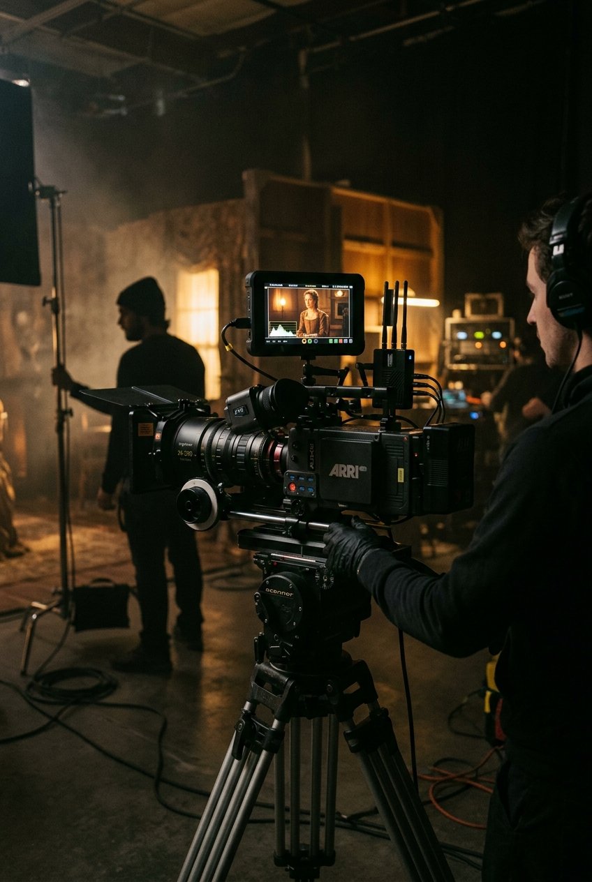 Cinematic camera rig on set in a moody film production studio